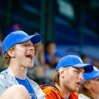 Side view of a man with excitement on his face at Comerica Park